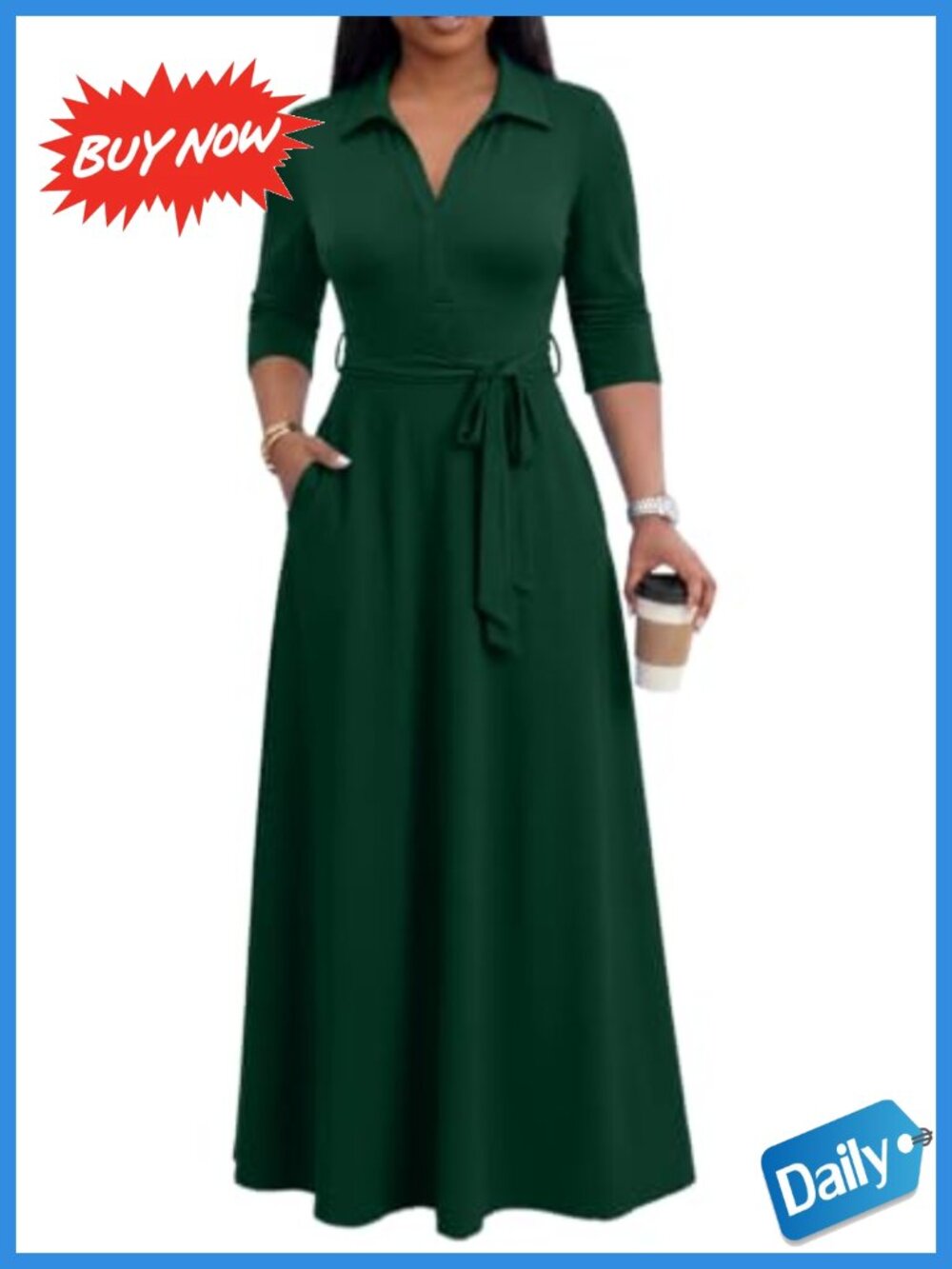 Women's Maxi Dress V-Neck 3/4 Sleeve Pull On Flowy Semi-Formal